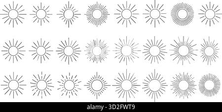 Kreative Vektorillustration von geometrischen Hand gezeichneten Sonnenstrahlen isoliert auf Hintergrund. Kunst Design lineare Sonnenwellen, strahlende Linien strahlende Sterne. Abst Stock Vektor