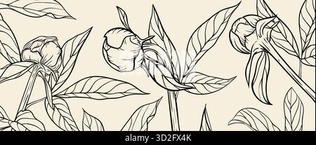 Banner Hand Zeichnung Illustration florale Umrisse Blume Knospe Pfingstrose und Blätter auf schwarzem Hintergrund. Für Wanddekoration, Postkarten- oder Broschürenumschlag Stock Vektor
