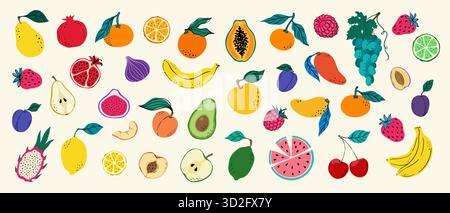 Nahtloses Muster von handgezeichneten bunten Kritzelfrüchten und Beeren. Trendiger abstrakter minimaler Stil. Natürliche tropische Früchte. Bio-Obst, vegetarisch Stock Vektor