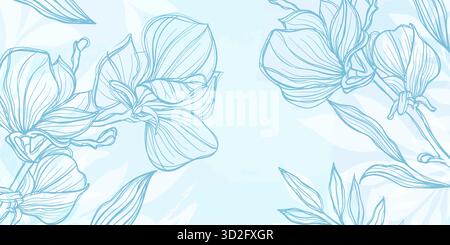 Abstrakte Kunst rosa floraler Hintergrund. Handzeichnung Umriss Blumen Magnolien Skizze mit Blättern und Pinselstrich. Vektorhintergrund für Wanddekoration Stock Vektor