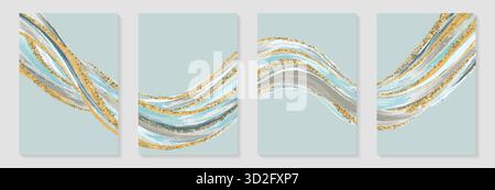 Aquarelltapete mit goldenen Wellenlinien, Hügel-, Himmel- und Dunkelblau. Luxuriöses blaues Design für Banner, Abdeckungen, Wandbilder und Wohnkultur Stock Vektor