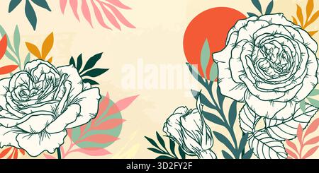 Abstrakte Kunst mit floralem Hintergrund. Zeichnen Sie von Hand umrissene Blumen mit Blättern und Kreisformen. Vektorhintergrund für Wanddekoration, Banner, Postkarte Stock Vektor