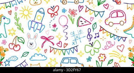 Nahtloses Muster handgezeichnete Doodle-Design-Elemente, schwarz auf weißem Hintergrund. Swishes, Swoops, Hervorhebung, Pfeil, Krone, Pinselstrich. Kritzelskizze Stock Vektor