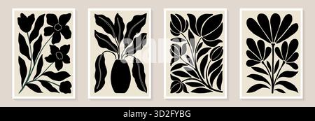 Set trendiger Vintage-Wanddrucke mit schwarzen und weißen Blumen, Blättern und Formen. Modern ästhetischer Stil Kollektion zeitgenössischer künstlerischer Design-Wand Stock Vektor