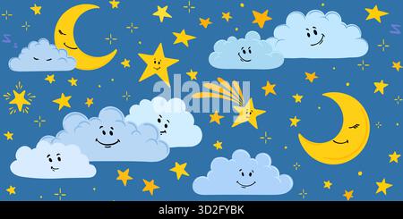 Niedliches, handgezeichnetes nahtloses Muster mit Mond, Sternen und Wolken in kindlichem Stil. Zeichentrickfilm Nachthimmel. Wettercharakter mit Lächeln. Stock Vektor