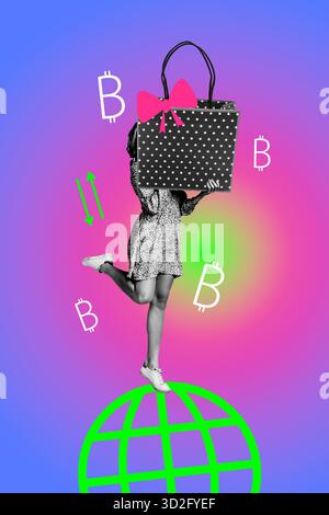 Zine kreative vertikale Foto-Collage von anonym Mädchen Hold Shopper Tasche Globe Icon Netzwerk Blockchain Zahlung Miner Rabatt sucht Stockfoto