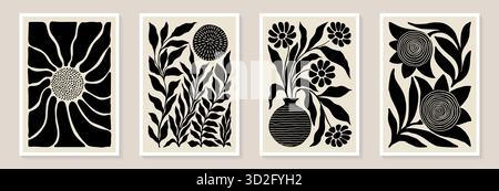 Set trendiger Vintage-Wanddrucke mit schwarzen und weißen Blumen, Blättern und Formen. Modern ästhetischer Stil Kollektion zeitgenössischer künstlerischer Design-Wand Stock Vektor