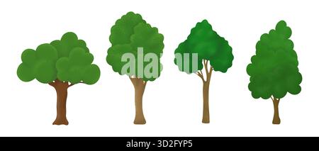 Baumsammlung. Cartoon Sommer Baum Set. Birke, Akazie, Eiche, Pappel. Fichtenholzpflanzen mit Blatt. Grüne große Bäume für den Garten Wald Park Stock Vektor