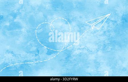 Das Papierflugzeug wird auf ein Blatt Papier gezeichnet. Blauer Aquarellvektorhintergrund. Abstrakte Handmalerei mit quadratischen Flecken Stock Vektor