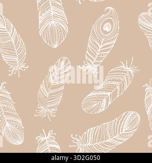 Kollektion mit nahtlosem Muster und Boho-Federn. Handgezeichnetes Vintage-Set mit Blumenmuster. Sketch Art Kritzelillustration. Elementdesign für Grußkarten Stock Vektor
