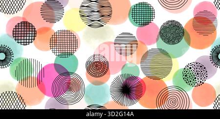 Nahtloses Muster von Doodle Creative minimalistische abstrakte Kunstkreisform und handgezeichneter Doodle Scribble Circle. Designelemente oder Hintergrund für Wand Stock Vektor
