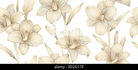 Luxuriöser Hintergrund mit Vintage-Lilienblüten, Knospen und Blättern nahtlosem Muster. Handgezeichnete botanische elegante goldene Lilienblüte im Linienart-Stil Stock Vektor