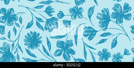 Nahtlose Mustermalerei Blumen und Blätter Hintergrund Vektor. Tapetendesign mit handgezeichneten Retro-Blumen, Blumensträußen und Blättern Stock Vektor