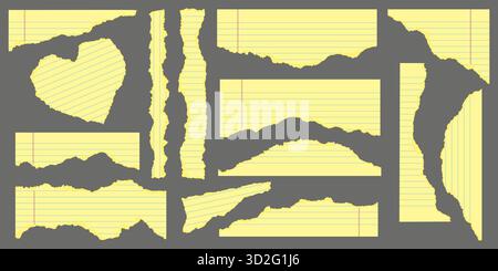 Gelbes Papier mit gerissenem Legal Pad für Büro- und Geschäftsnotizen. Strukturierte Vektor-Notizbuchstücke aus gestreiften Blättern mit abgerissener Kante. Collage Set mit Stock Vektor
