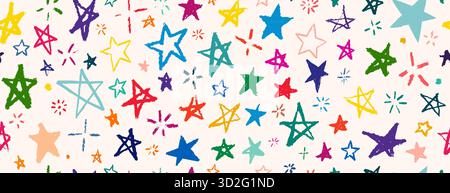 Vektor-Kindermuster mit strukturierten Sternen. Nahtloser Vektor-Hintergrund, blaue und orange Markierungen und Pinselstrichmuster Stock Vektor