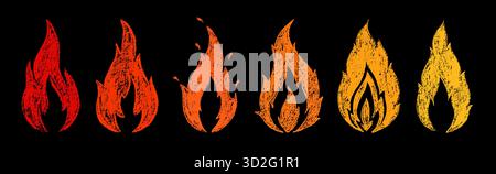 Zeichensammlung mit den roten Feuerflammen. Handgezeichnete Doodle-Flammen-Aufkleber. Punk- oder Rock-Stil. Brennende Vektorsymbole, Feuerflammensymbol Stock Vektor