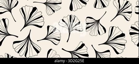 Nahtloses Muster von Hand gezeichnet florale Umrisse schwarz-weiße Linie Art Ginkgo biloba Blätter. Lineares ginko-Blatt. Zur Wanddekoration, Postkartenbroschüre Stock Vektor