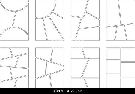 Comic-Frame-Vektorsatz. Manga-Buchlayouts. Vorlagen auf weißem Hintergrund. Mosaik leere vertikale Bretter für Magazine und Anime Storyboard und Stock Vektor