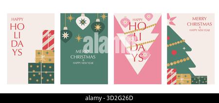 Set mit modernen, minimalistischen geometrischen Karten „Merry Christmas“. Schlichte ästhetische Winterferienhintergründe in Retro-Farben. Trendiges Weihnachtsfest, moderne Vektor-illu Stock Vektor