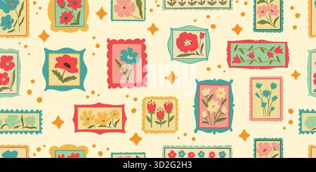 Nahtloses Muster für die Illustration eines Retro-Zeichentrickrahmens mit Blumenmuster. Kollektion im Blumendesign im Vintage-Stil. Geometrisches Gitter, Mosaikdekoration mit natürlichem Blumenstrauß Stock Vektor