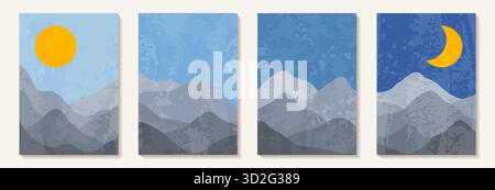 Abstrakter Kunstberg. Abstrakte Tag und Nacht, Sonne und Mond im modernen Stil. Moderner Kunsthintergrund. Abstraktes Landschaftsdesign für Wanddekoration Stock Vektor