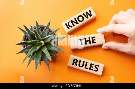 Kennen Sie das Regelsymbol. Holzblöcke mit Worten kennen die Regeln. Geschäftsmann Hand. Schöner oranger Hintergrund mit saftiger Pflanze. Business und Know-how Stockfoto