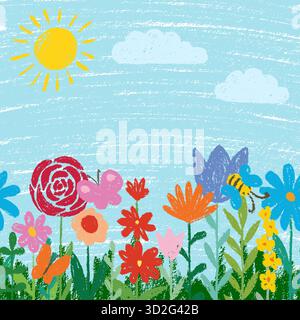 Kid Doodle Hand Zeichenstift, Wachs, Bleistift, Kreide oder Kohle Textur. Kindliche Blumen Pflanzen, Gras und Himmel Hintergrund. Feld, Wiese, Garten Stock Vektor