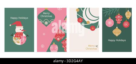 Geometrische Hintergründe für Winterferien und moderne weihnachtskarten. Einfache minimalistische Designs in trendigen Farben für 2026 Jahre. Schneemann, Ornamente, wr Stock Vektor