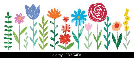 Kid Doodle Hand Zeichenstift, Wachs, Bleistift, Kreide oder Kohle Textur. Kindliche Blumen Pflanzen, Gras und Himmel Hintergrund. Feld, Wiese, Garten Stock Vektor