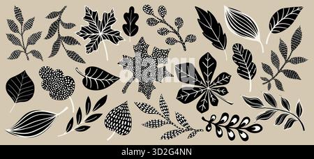 Schwarz-weiße handgezeichnete botanische Blätter Kollektion, Doodle-Stil Laub-Set, dekorative Blumenelemente, moderne Minimal Line Art Pflanze und Zweig Stock Vektor