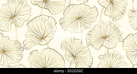 Chinesisches nahtloses Muster mit Blättern Lotusblumen. Goldene Linienzeichnung von Lotusblättern auf hellem Hintergrund. Handgezeichnete botanische elegante goldene Seerose Stock Vektor