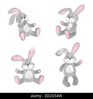 Niedliches Zeichentrickhasen-Spielzeugset. Vektor-Aquarellillustration von Kaninchen Stock Vektor