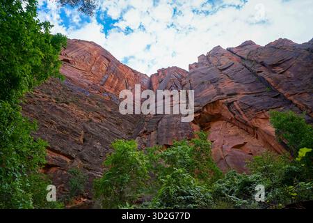 Majestätische Sandsteinklippen erheben sich in Richtung eines wolkenreichen Himmels im Zion-Nationalpark, mit lebendiger grüner Vegetation am Boden des Canyons Stockfoto