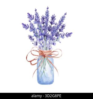Aquarellillustration eines Lavendelstraußes in blau durchsichtiger Vase mit Schleife gebunden. Handgezeichnete botanische Kunst, isoliert auf weißem Hintergrund Stockfoto