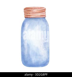 Aquarellabbildung eines leeren Glasgefäßes mit Deckel. Transparente Flasche, Behälter für Flüssigkeiten, Wasser, Öle. Isoliert auf weißem Hintergrund. Handgezeichnet Stockfoto