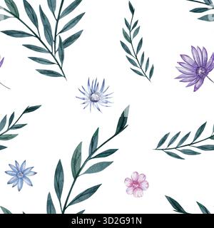 Nahtloses Blumenmuster mit grünen Blättern und zarten Blumen in lila, blau und rosa Tönen auf weißem Hintergrund. Botanisches Design für Textilien und Dekor Stockfoto