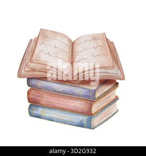Aquarellillustration eines Stapels von Vintage-Papierbüchern mit einem offenen Buch darüber. Isoliert auf weißem Hintergrund. Perfekt für Bildung, Buch, mystische, magische Themen Stockfoto