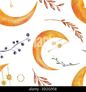 Nahtloses Aquarellmuster mit goldenen Halbmonden, Sternen, Zweigen und Beeren. Handgezeichnetes himmlisches Design, isoliert auf weißem Hintergrund, mystisch und elegant Stockfoto