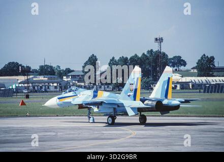 Das klassische Sukhoi SU-27-Jagdflugzeug wird von der russischen Luftwaffe für Luftüberlegenheitsmissionen verwendet. Stockfoto