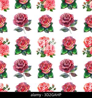 Nahtloses Aquarellmuster mit rosa und roten Rosen, handgemaltes Blumenmuster, eleganter botanischer Hintergrund für Stoff, Geschenkpapier und Vintage Stockfoto
