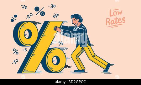 Ein Geschäftsmann im Anzug, der ein Prozentzeichen für Ihre Bedürfnisse drückt. Konzept für Online-Bank oder Ihr Finanzunternehmen. Sonderangebot, Sonderangebot, Geschenk Stock Vektor