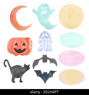 Ein Set aus hellen, lebendigen dekorativen Elementen. Isolierte Bilder, die beliebig kombiniert werden können und im Aquarellstil ausgeführt werden. Perfekt für die Website des Stockfoto