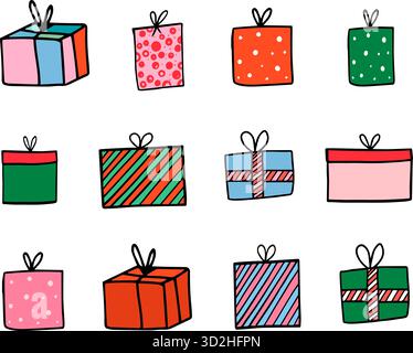 Vektor-Set mit handgezeichneten Kritzelgeschenkboxen, Weihnachtsgeschenke in Rot, Grün und Rosa Farben Stock Vektor
