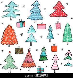 Vektor-Set mit handgezeichneten Weihnachtsbäumen und Geschenken für Grafikdesign, Weihnachtsgrußkarten und Symbole Stock Vektor