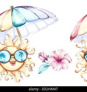 Farbenfrohes, nahtloses Sommermuster mit fröhlicher Sonne, Sonnenschirmen und tropischen Blumen für lebendige Hintergründe und Tapeten Stock Vektor