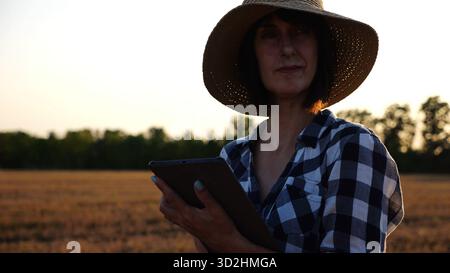 Agrostomistin im Strohhut, die die Ernte auf dem Gerstenfeld bei Sonnenuntergang überwacht. Erwachsener Landwirt mit digitaler Tablette auf Weizenwiese in der Abenddämmerung. Schön Stockfoto
