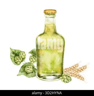 Aquarellset mit grüner Bierflasche, Hopfenzapfen und Weizenzweig. Illustration des alkoholischen Getränks für Biermenü, Craft Pub Karte, festliche Verpackung, Brauerei Stockfoto