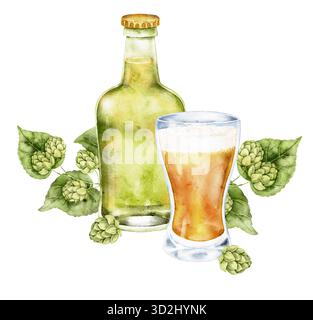 Helle Bierflasche mit Wasserfarben, volles Bierglas, Hopfenzapfen und Weizenzweig. Illustration des alkoholischen Getränks für Brauereimenü, Pub-Karte, festliches Essenspaket Stockfoto