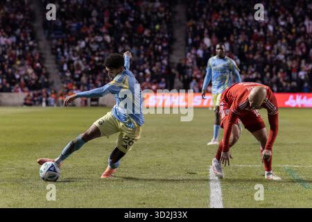 Bridgeview, USA. November 2025. Nathan Harriel (26 Philadelphia Union) im ersten Spiel zwischen Chicago Fire FC und Philadelphia Union am Samstag, 1. November, im SeatGeek Stadium in Bridgeview, USA. (KEINE KOMMERZIELLE NUTZUNG) Guthaben: SPP Sport Pressefoto. /Alamy Live News Stockfoto