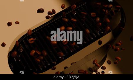 Ein stimmungsvolles Foto einer Espressomaschine, während geröstete Kaffeebohnen vor dunklem Hintergrund durch die Luft streuen. Glänzende Metalloberflächen und Stockfoto